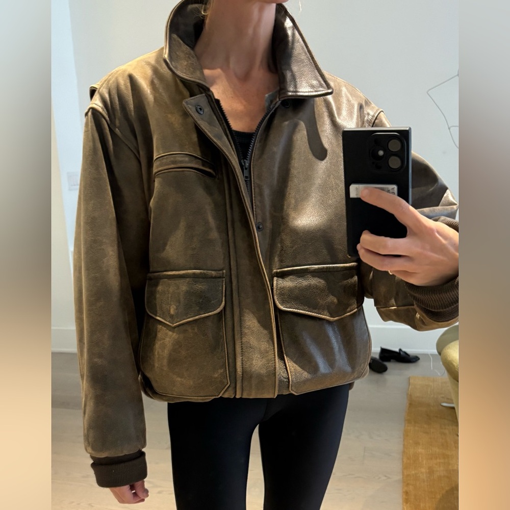 Vintage Brown Leather Bomber Jacket